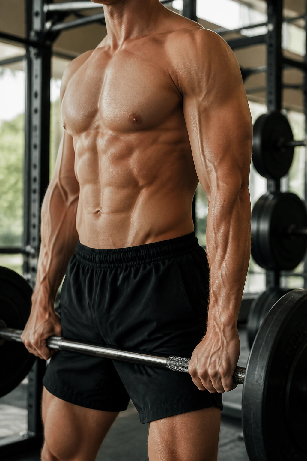 Close-up of a lifter's torso and arms gripping a barbell in a gym