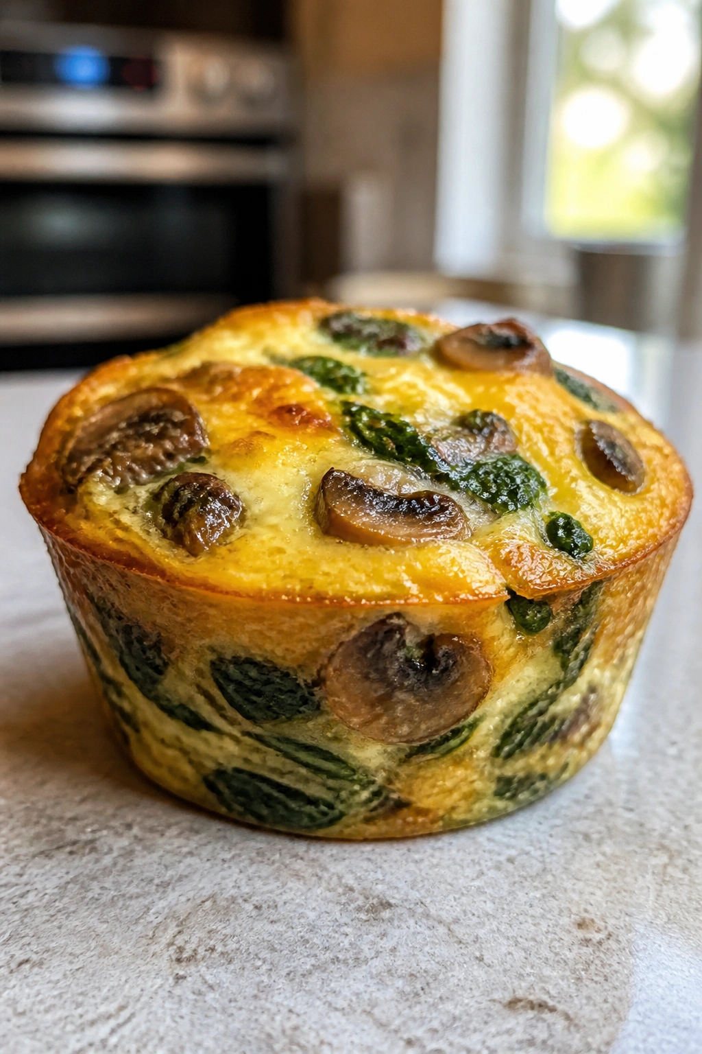 Close-up of a mushroom and spinach frittata muffin filling the frame in a warm kitchen