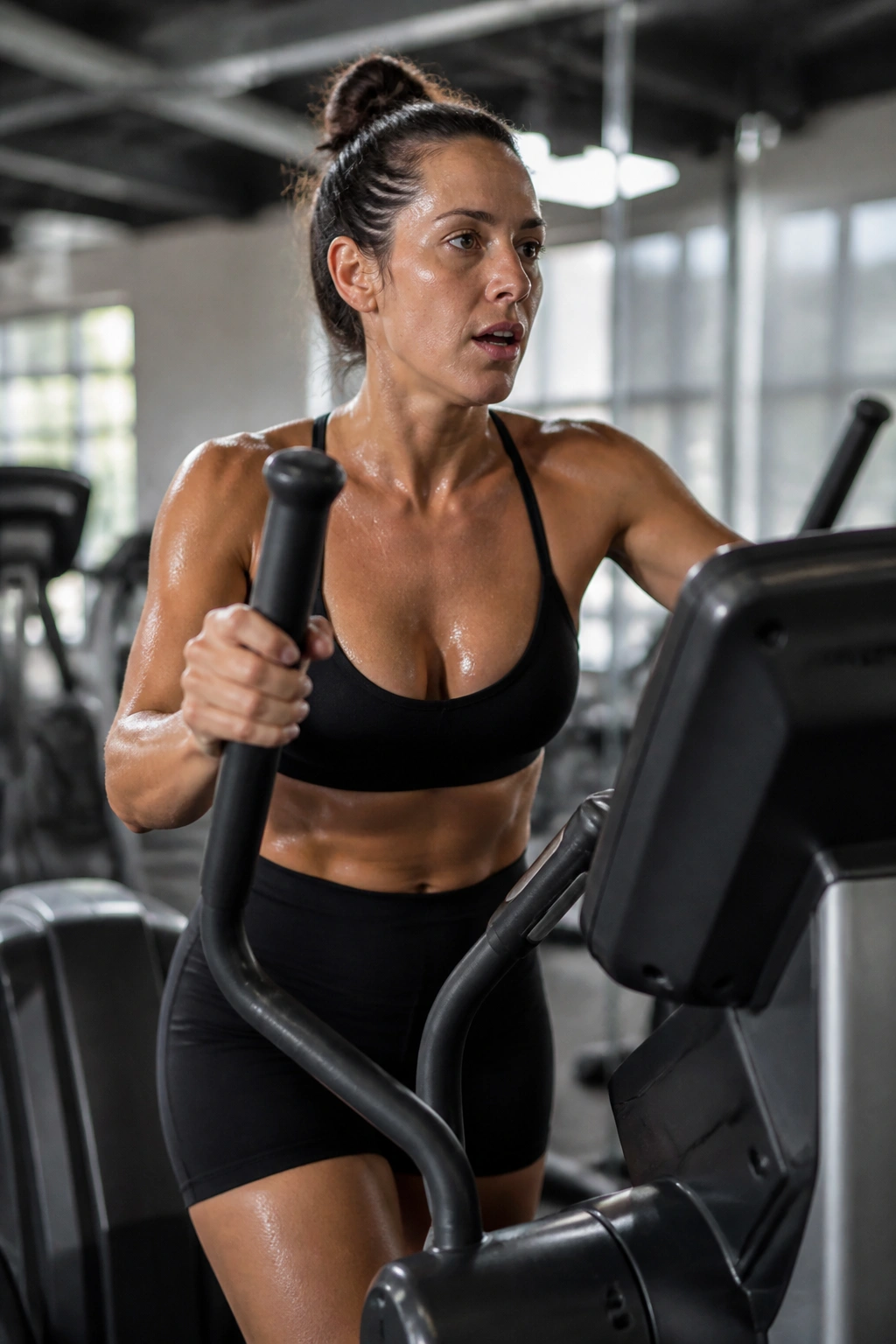 Real person on elliptical performing varied movements during a mystery workout in a gym