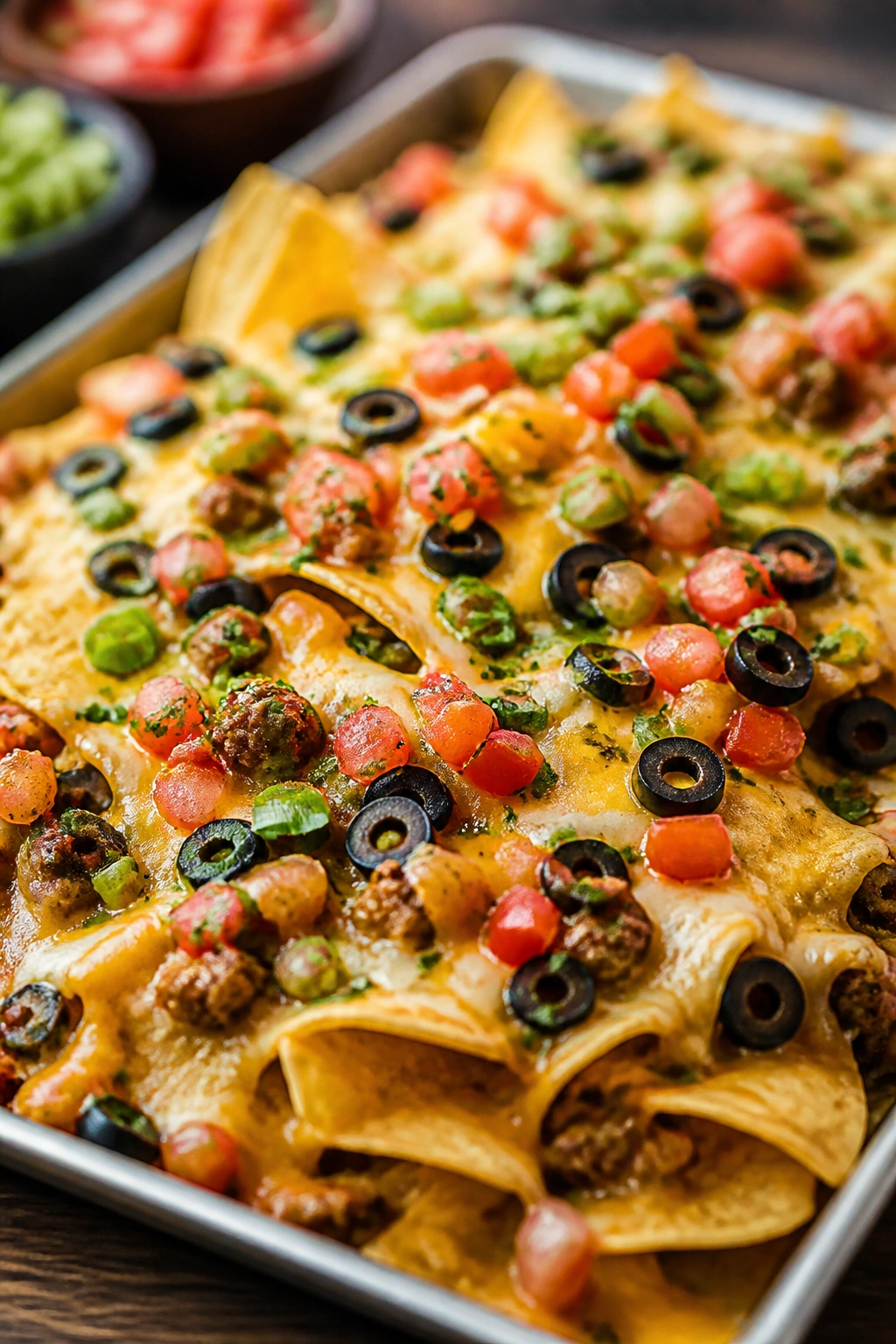 Sheet pan piled with loaded nachos and melted cheese
