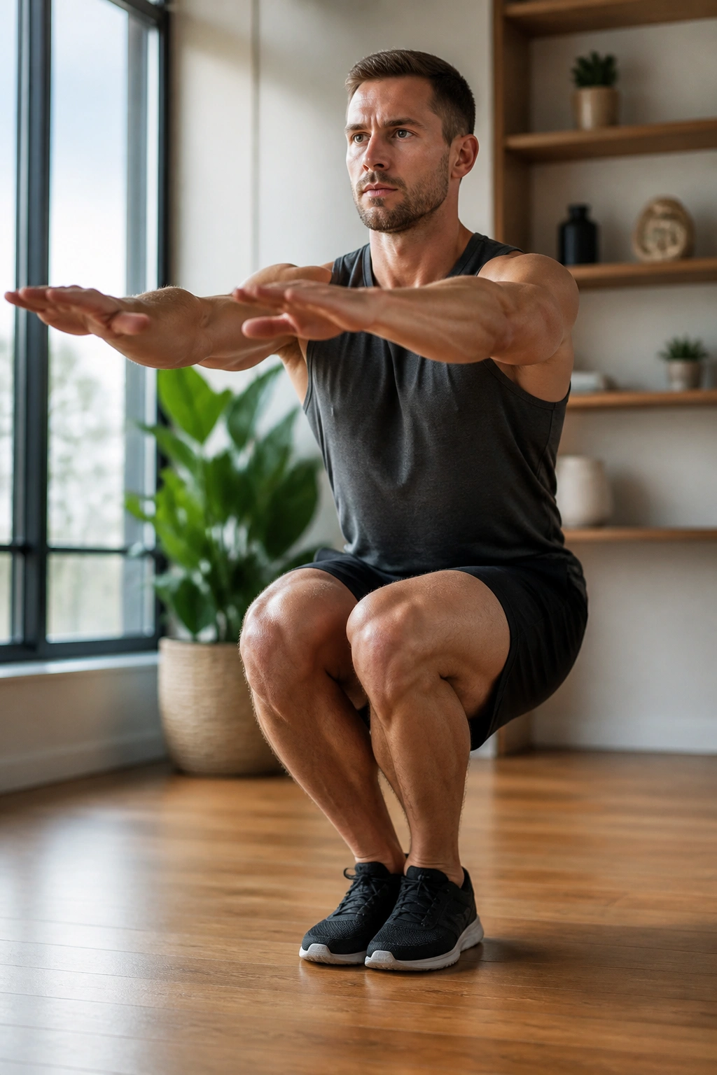 Close-up of a person in narrow stance squat with feet together