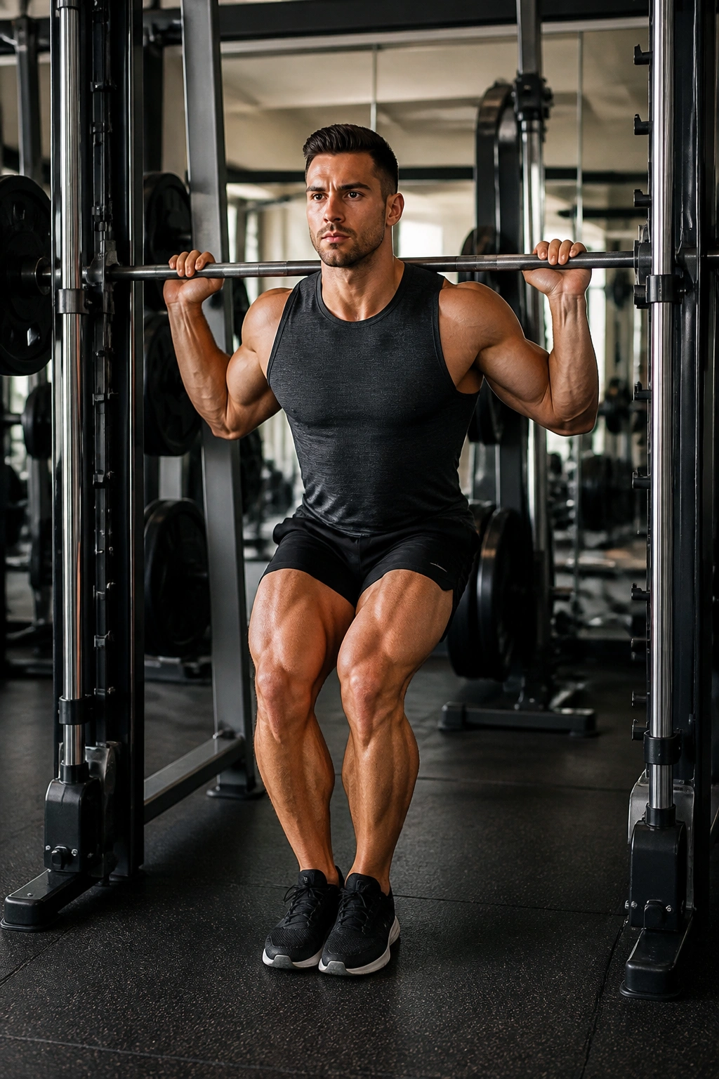 Close-up of lifter performing narrow-stance Smith machine squat