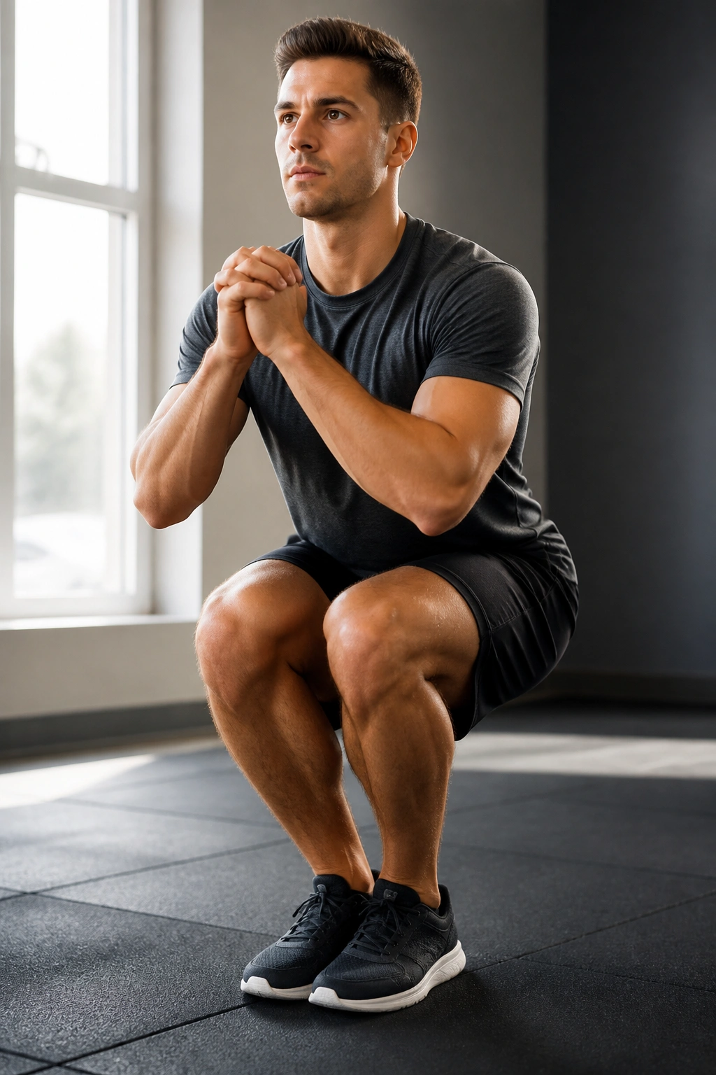 Close-up of a real person performing a narrow-stance bodyweight squat emphasizing quads in a gym