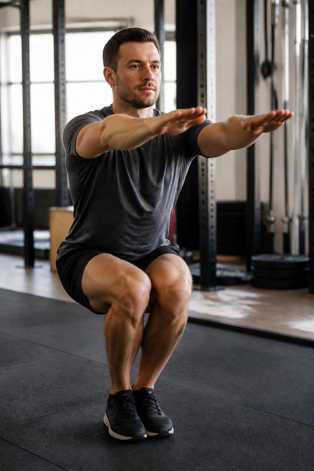 Real person doing a narrow stance squat with feet together