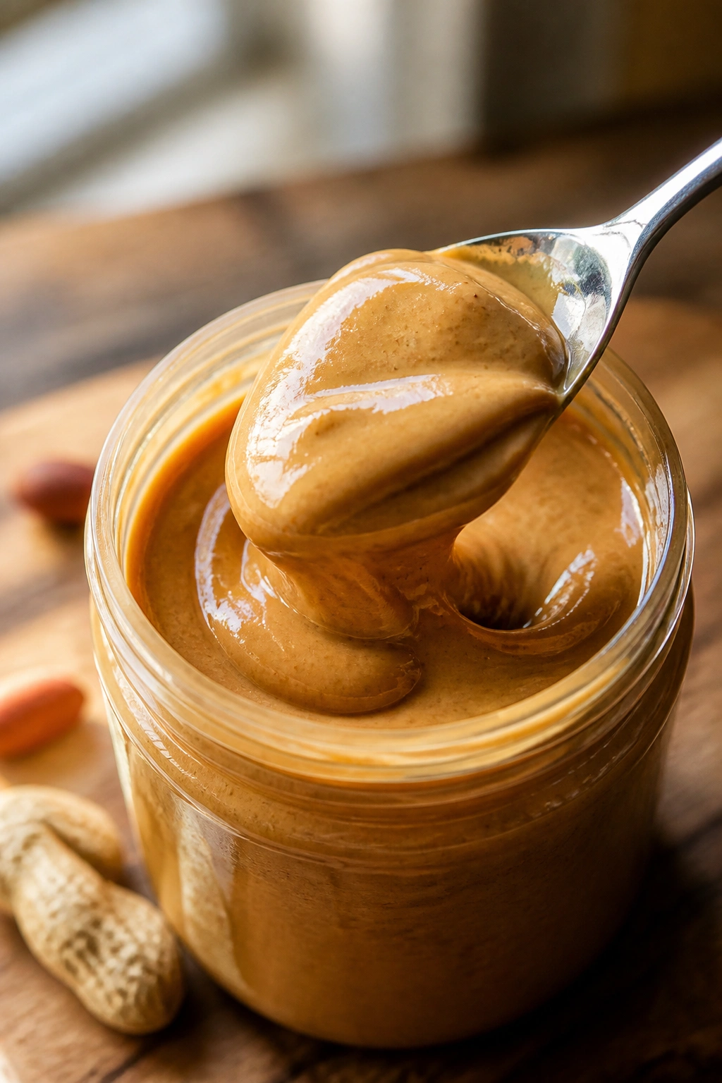 Spoonful of natural peanut butter with a jar on a wooden counter