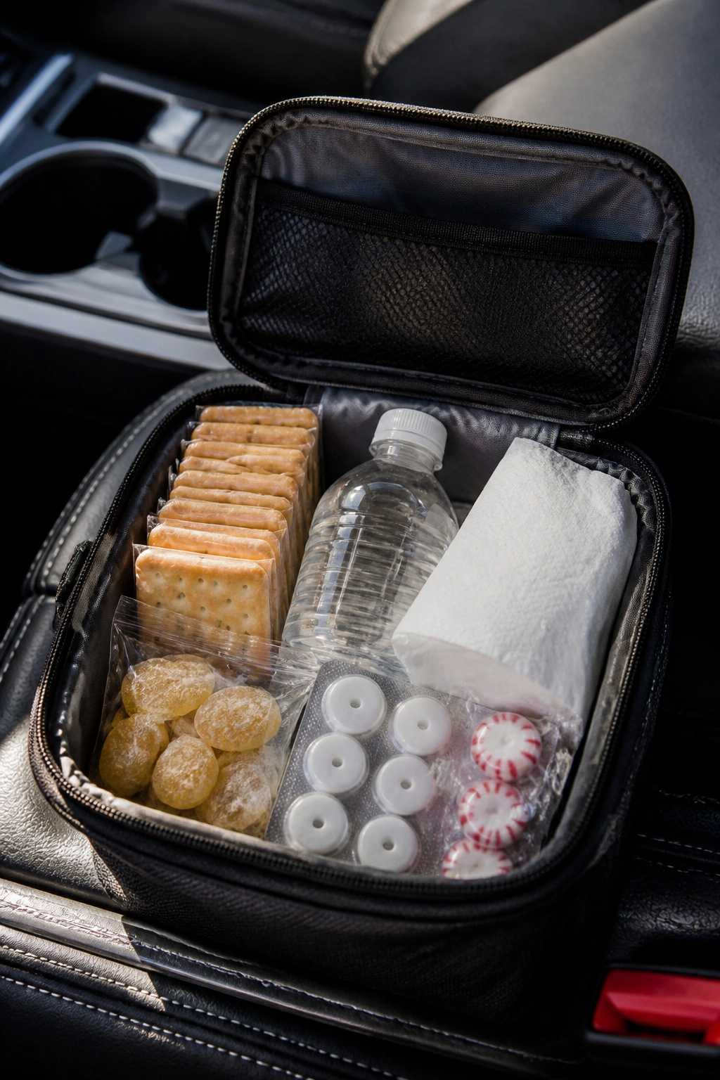 Nausea kit opened on car seat with crackers, ginger chews, mint, water bottle and tissues