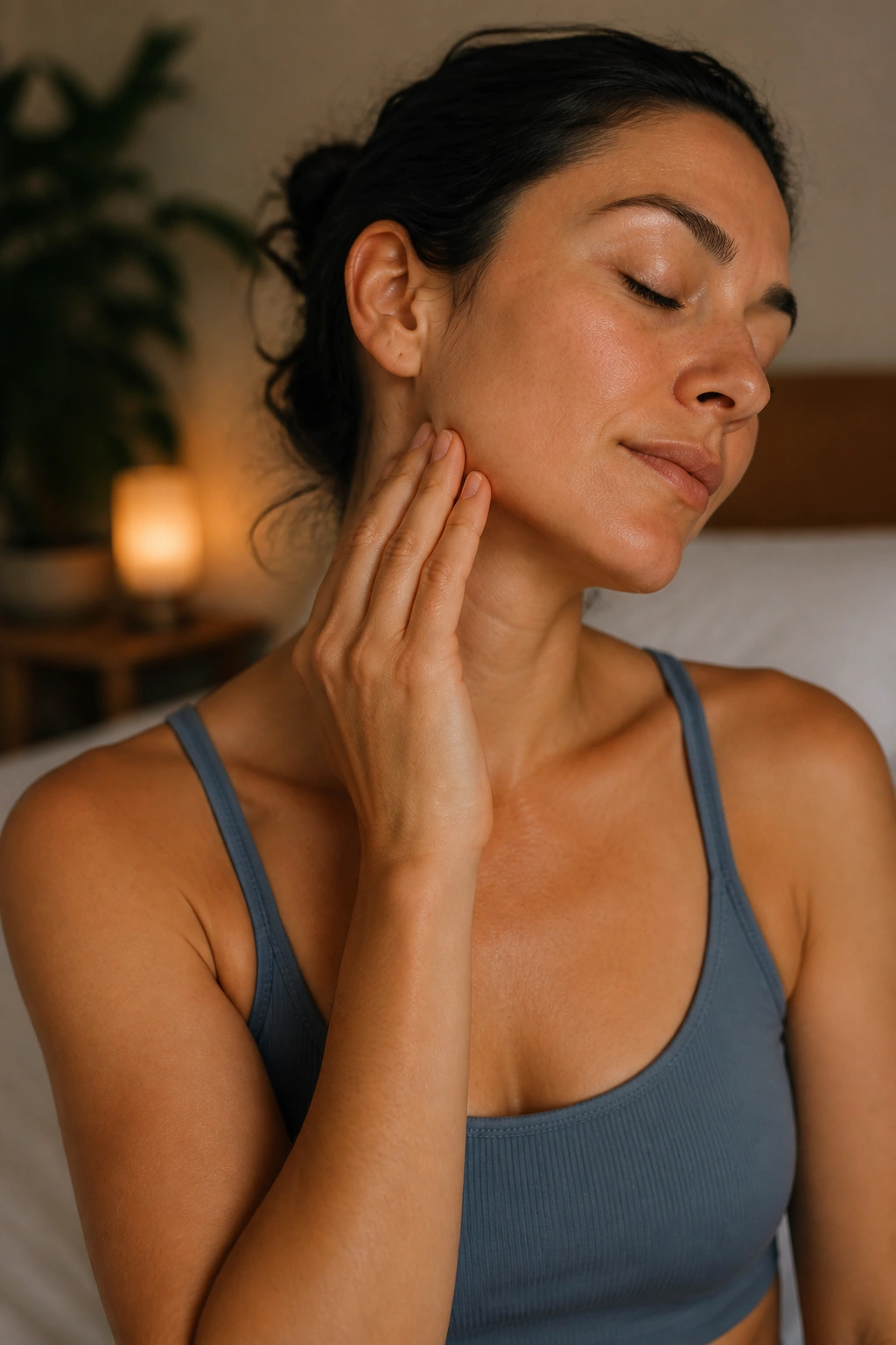 Close-up of person performing neck jaw and shoulder melt in a bedroom
