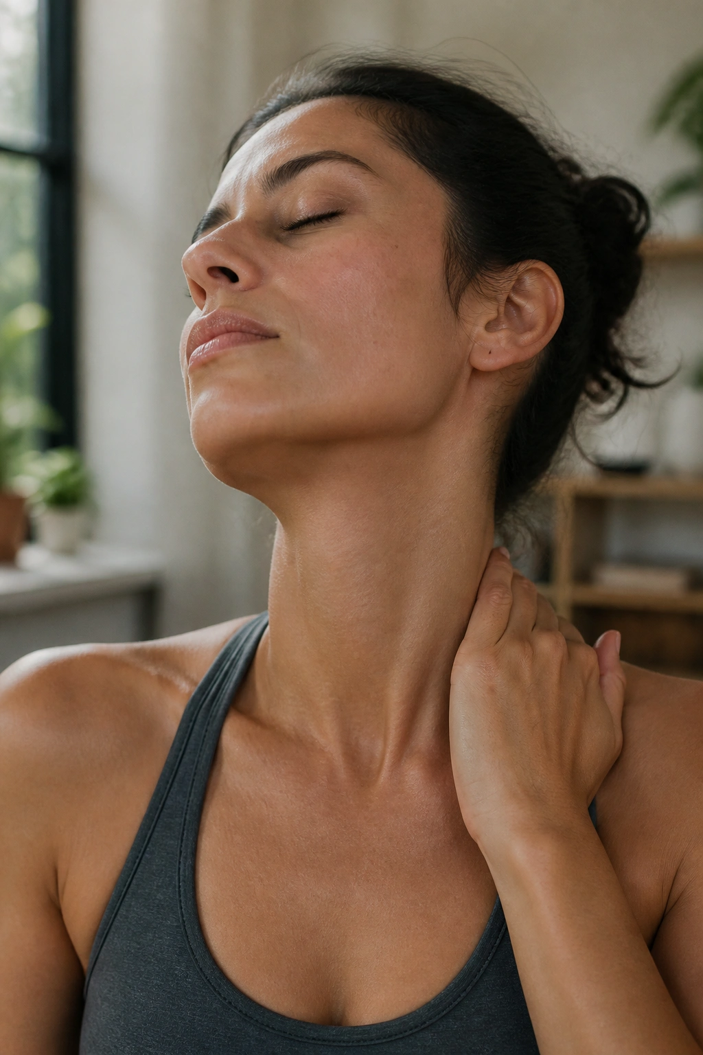 Close-up of neck and jaw area during reset stretch in a cozy home setting