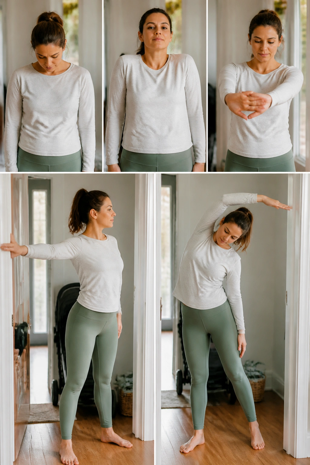Person performing neck and shoulder mobility in bright home doorway