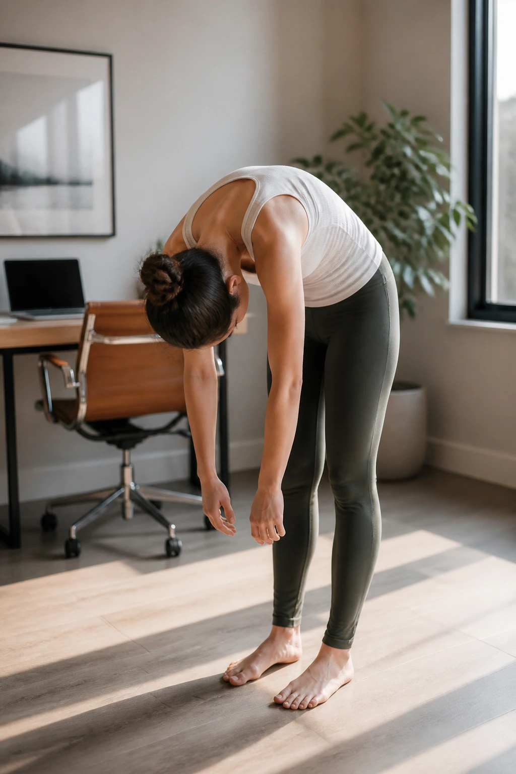 Full-body standing neck and shoulders stretch in a home office