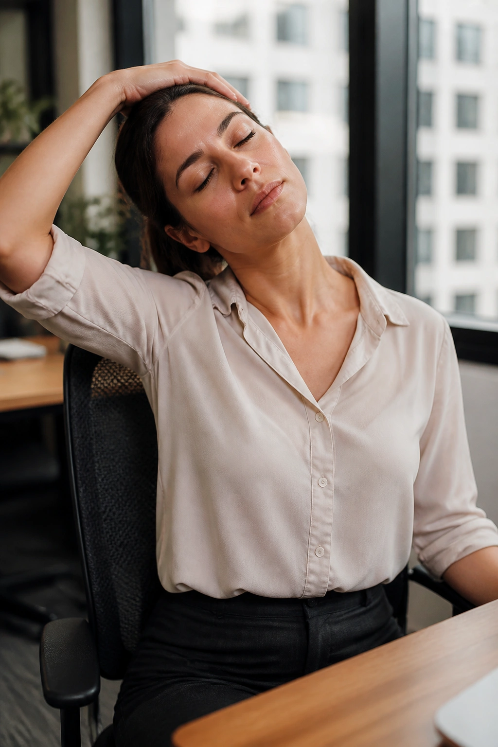 Person performing neck tilt stretch at an office chair, focusing on neck and shoulder.