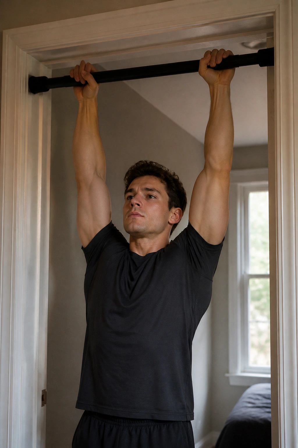 Person performing a negative pull-up at the top position in a home doorway