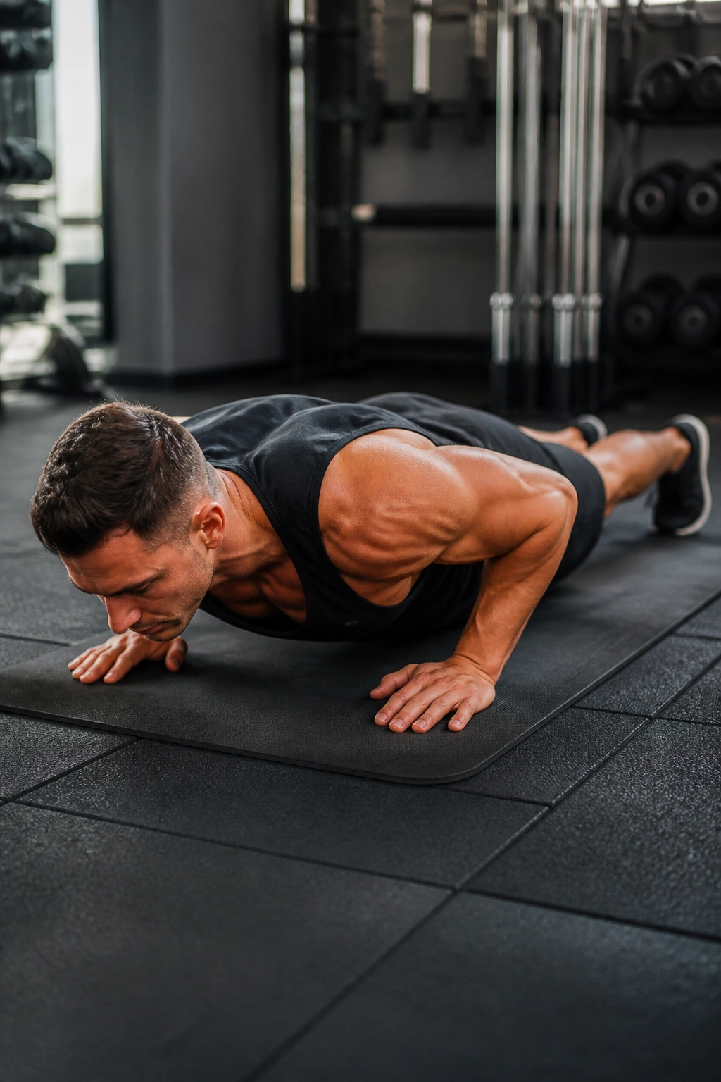 Person performing a slow negative push-up on a mat