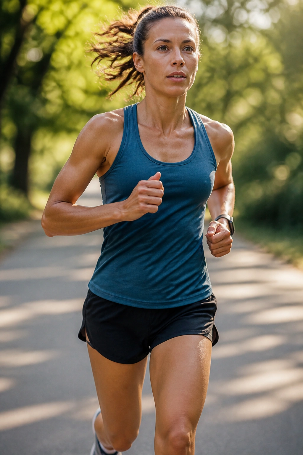 Close-up of a real runner mid-stride on a sunlit park path