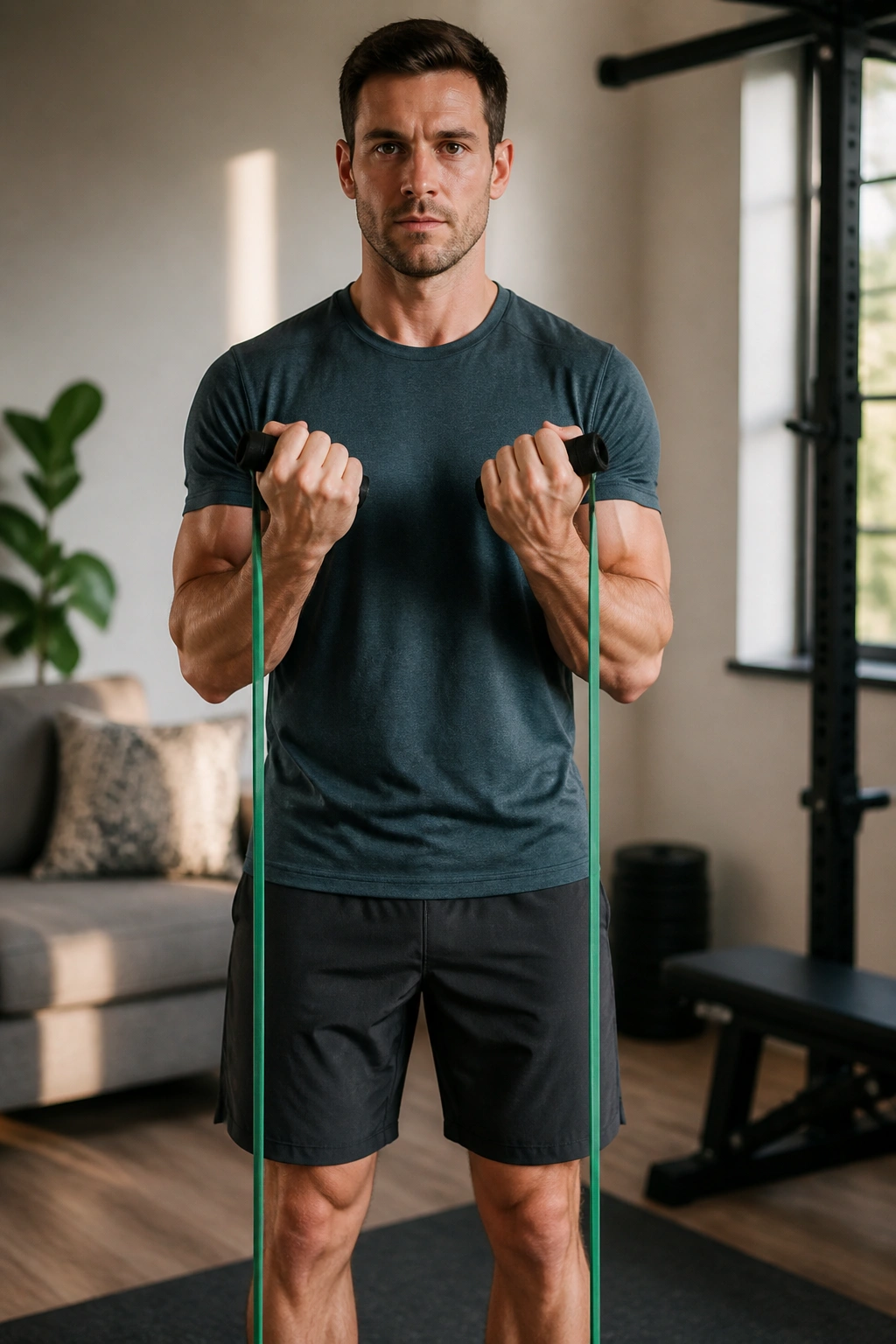 Real person performing neutral-grip biceps curl with resistance band