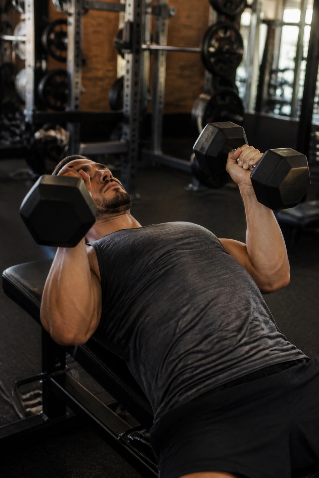 Real person performing neutral-grip dumbbell press on bench with elbows tucked