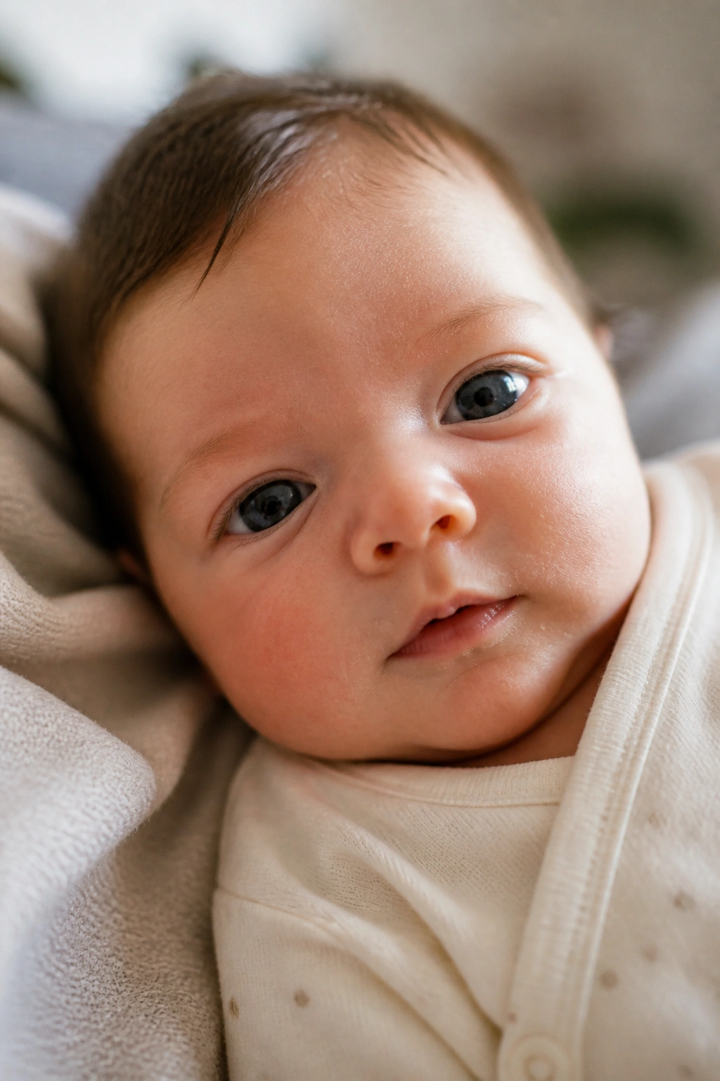 Close-up of a newborn baby's face in a cozy nursery