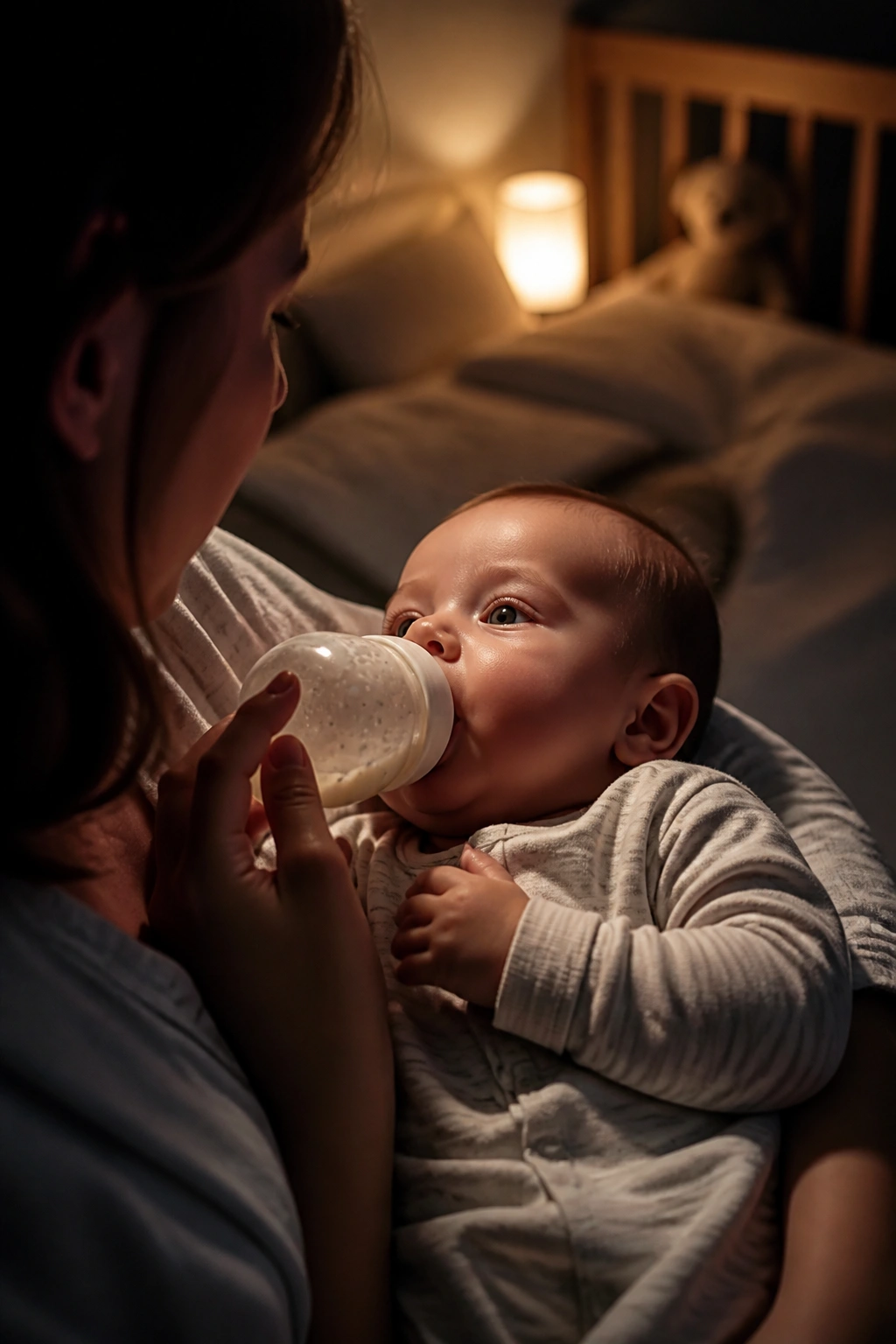 Close-up of a baby being fed at night in a dim bedroom