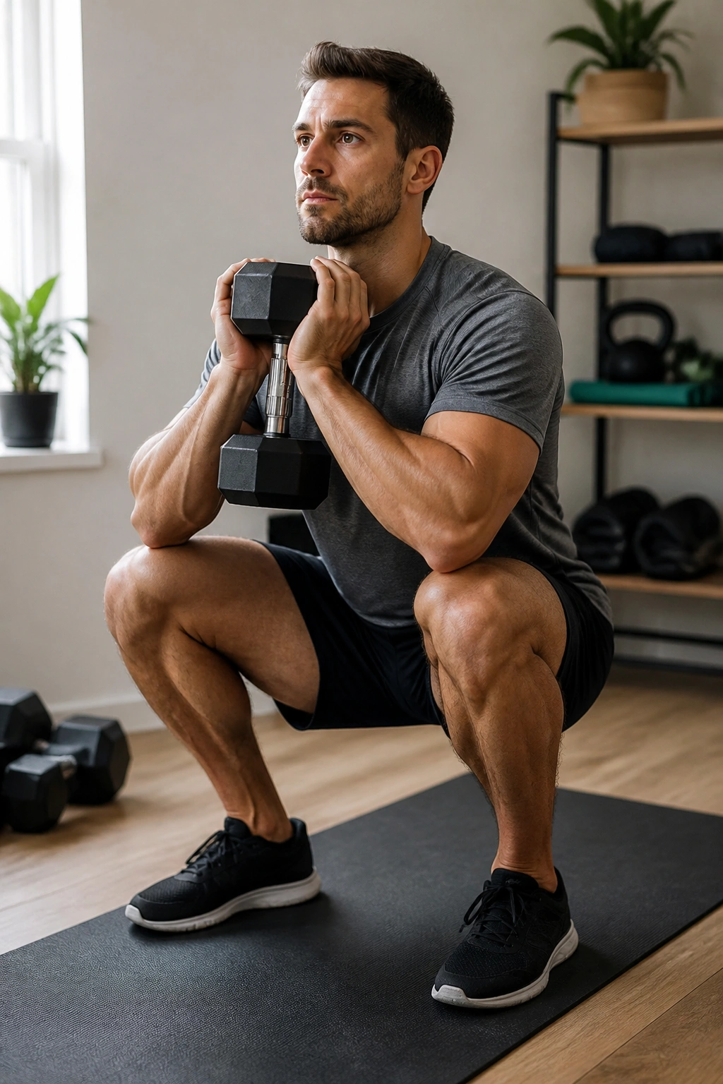 Lifter performing no-bench full-body dumbbell workout on a home gym floor.
