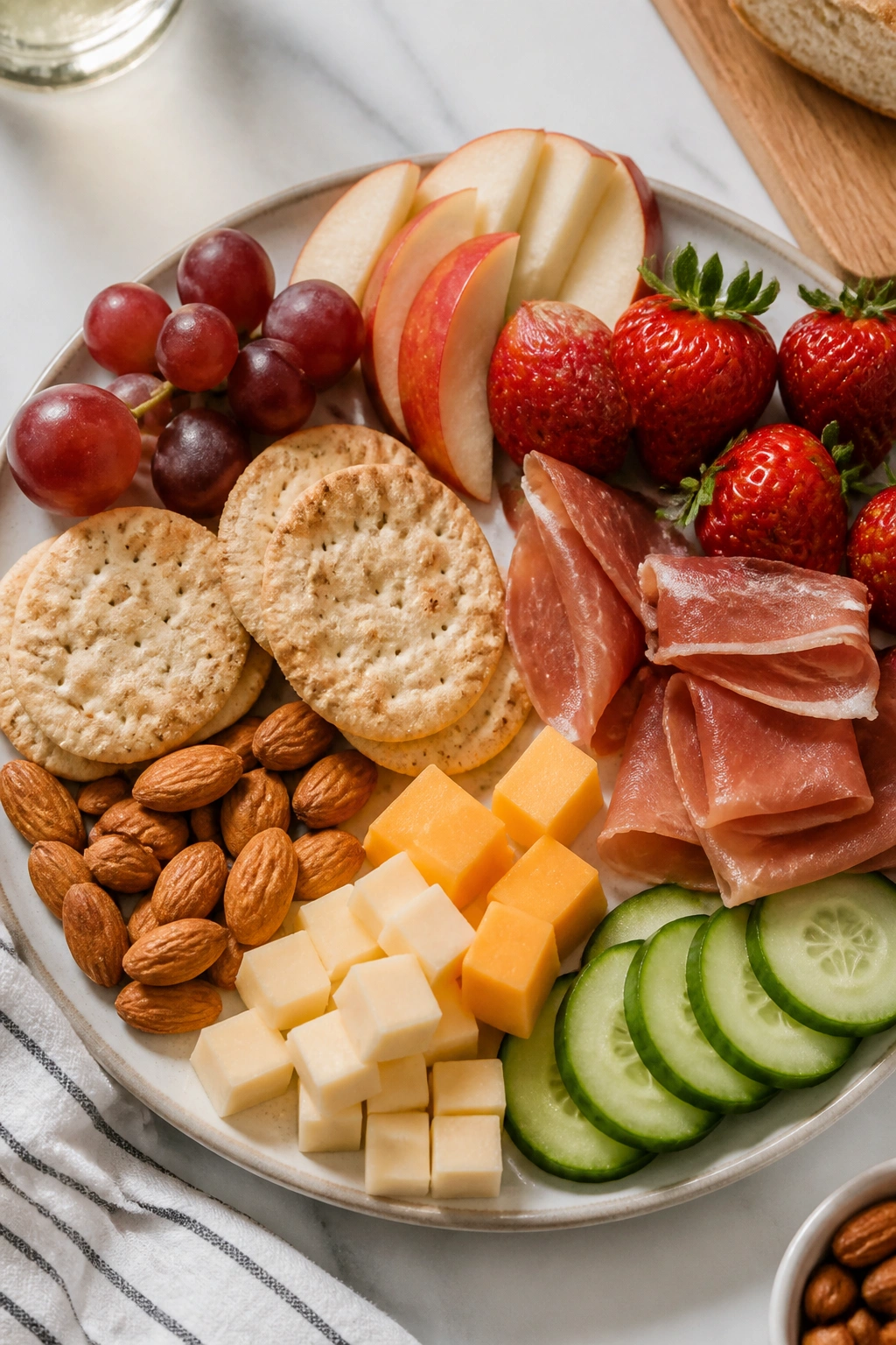 Plate with assembled no-cook dinner items including cheese and crackers