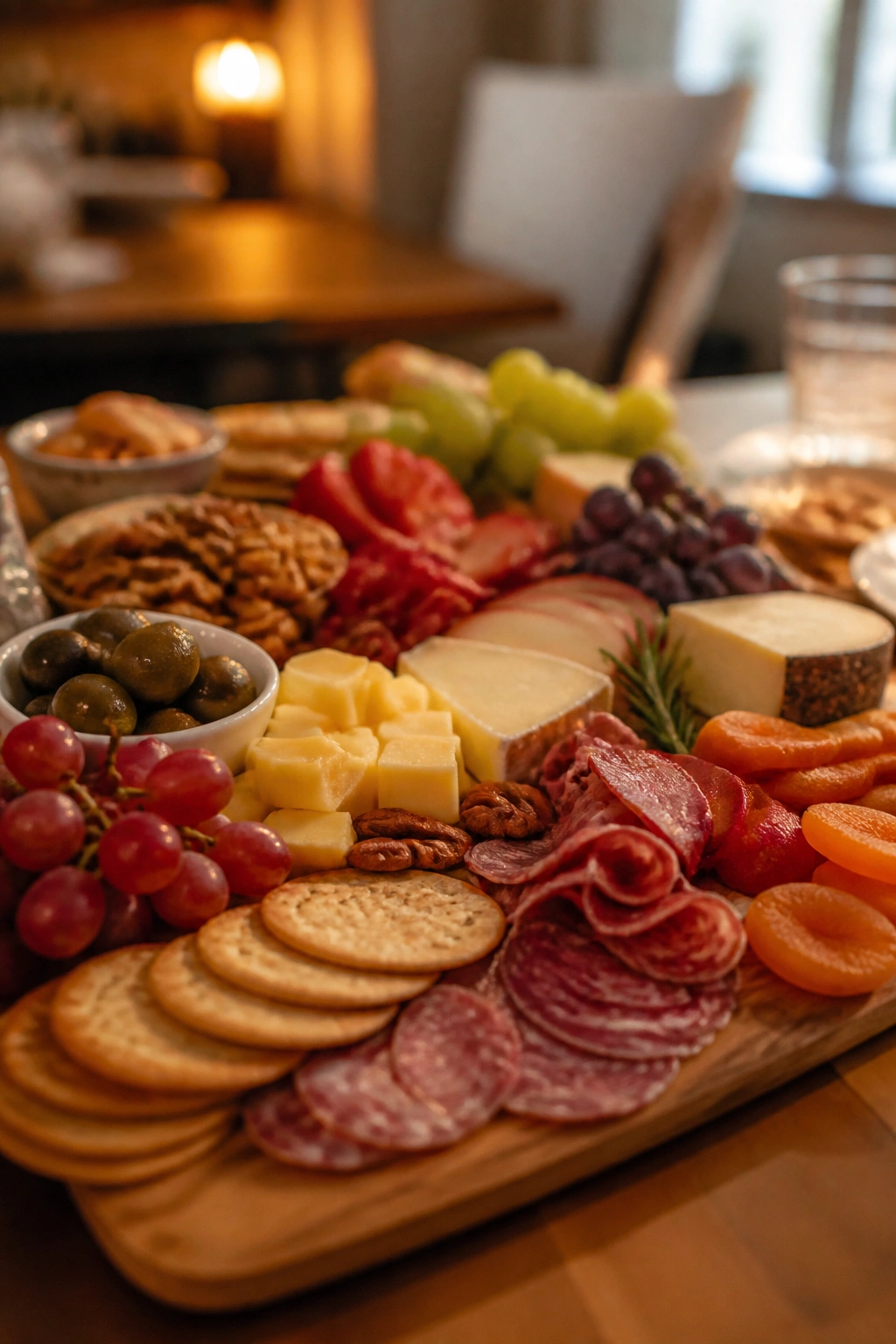Charcuterie board with cheese, crackers, nuts, and fruit for no-cook meals.