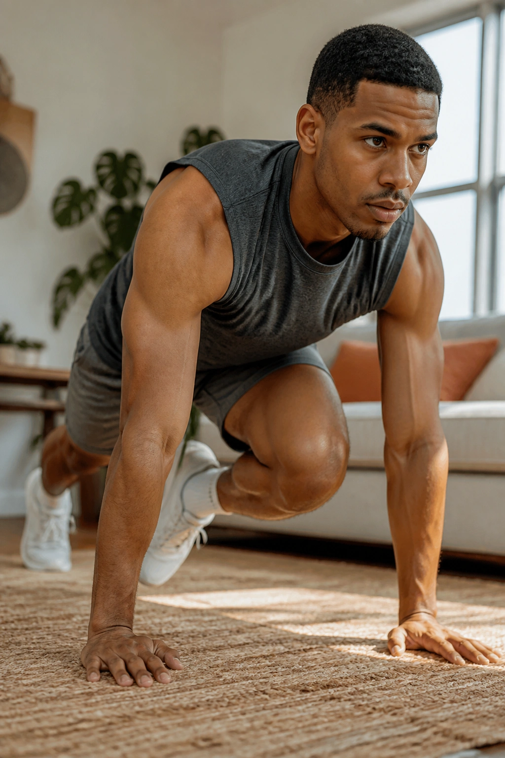 Person performing a no-equipment bodyweight exercise in a bright living room
