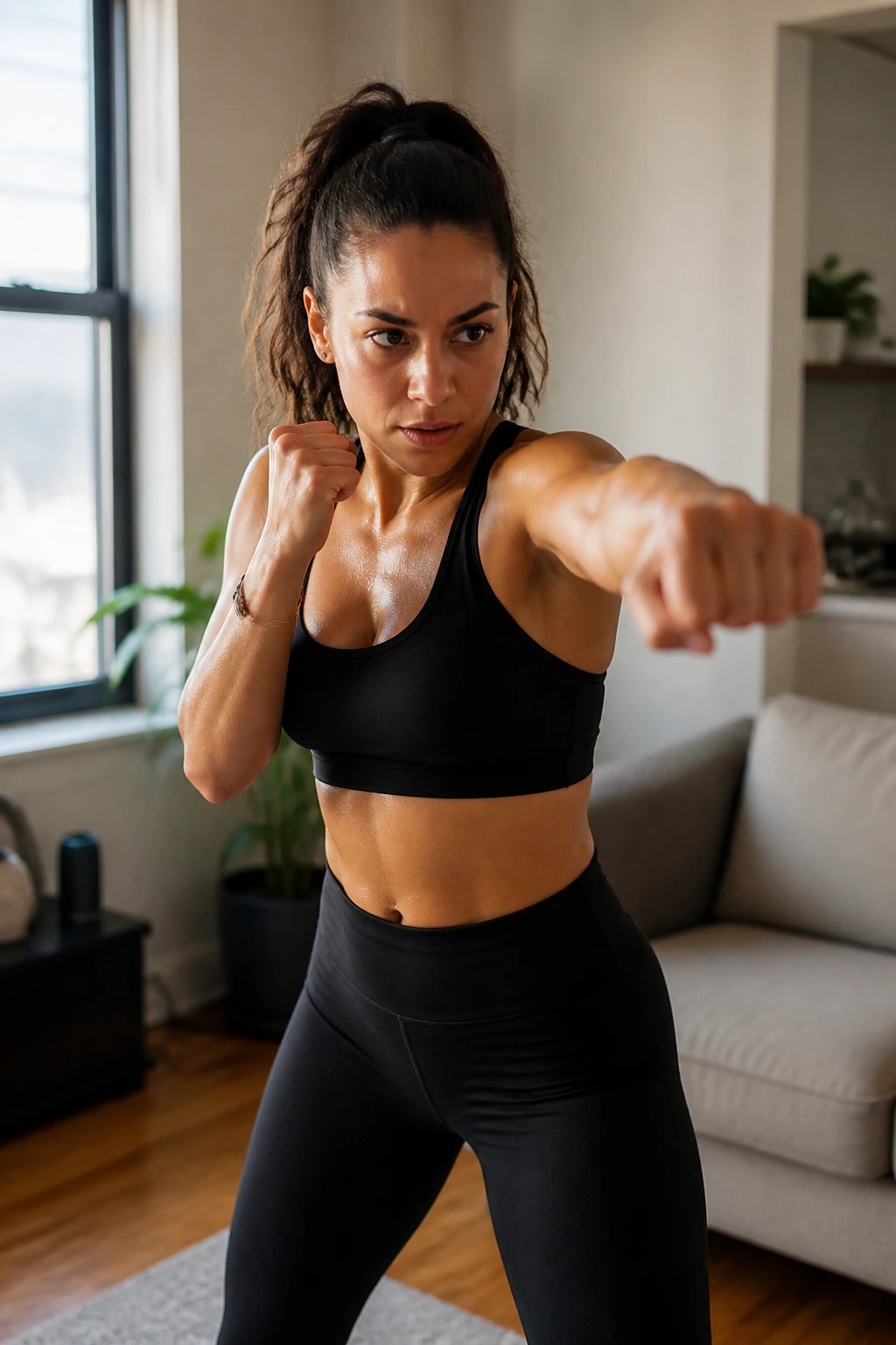 Real woman performing jab-cross in a compact apartment with no equipment