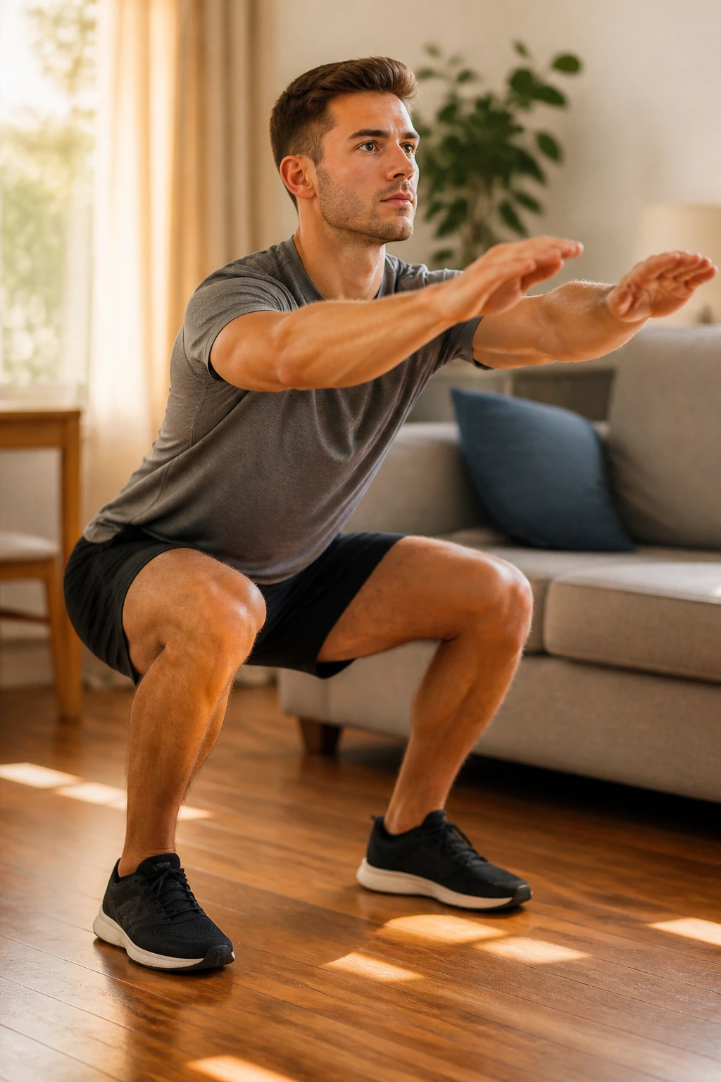 Medium close-up of a fit person performing a no-equipment bodyweight squat in a home living room