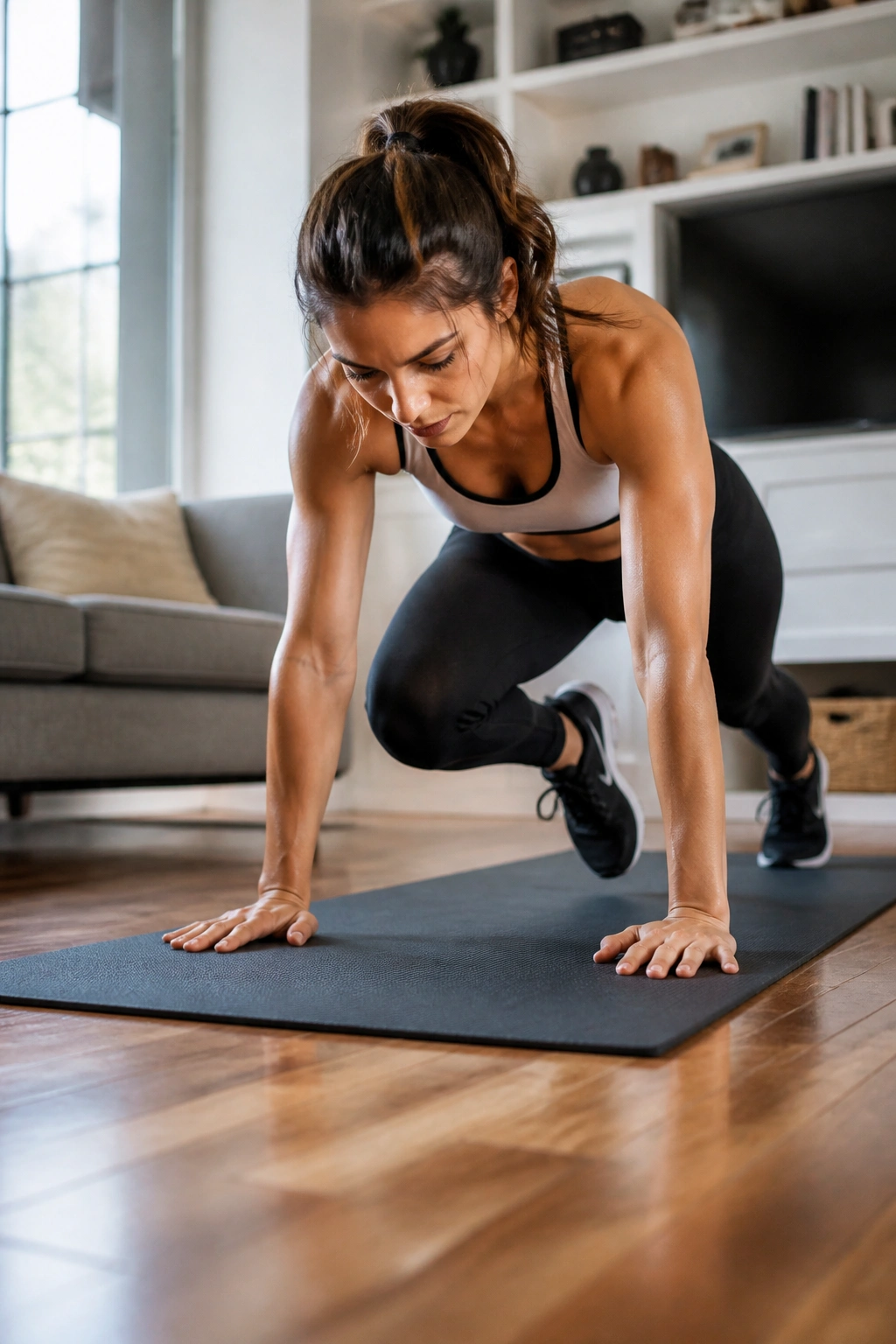 Mid-torso shot of person doing no-equipment HIIT on a mat in living room