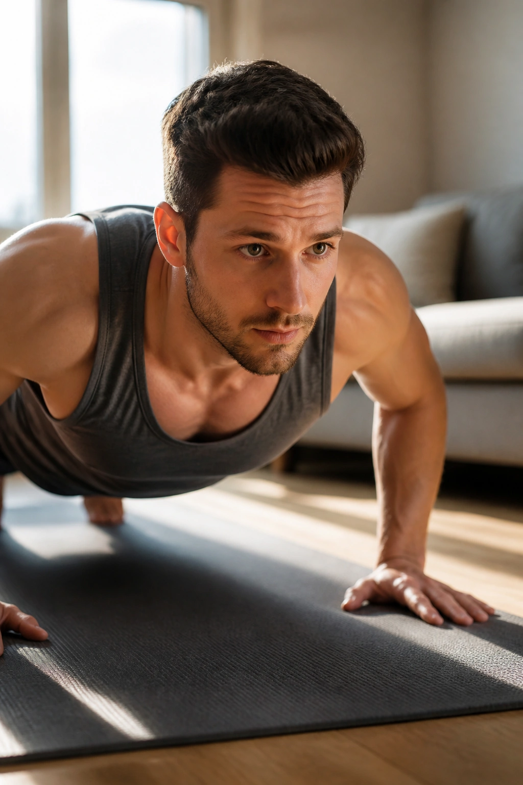 Close-up of a person performing push-ups on a mat in a sunlit living room