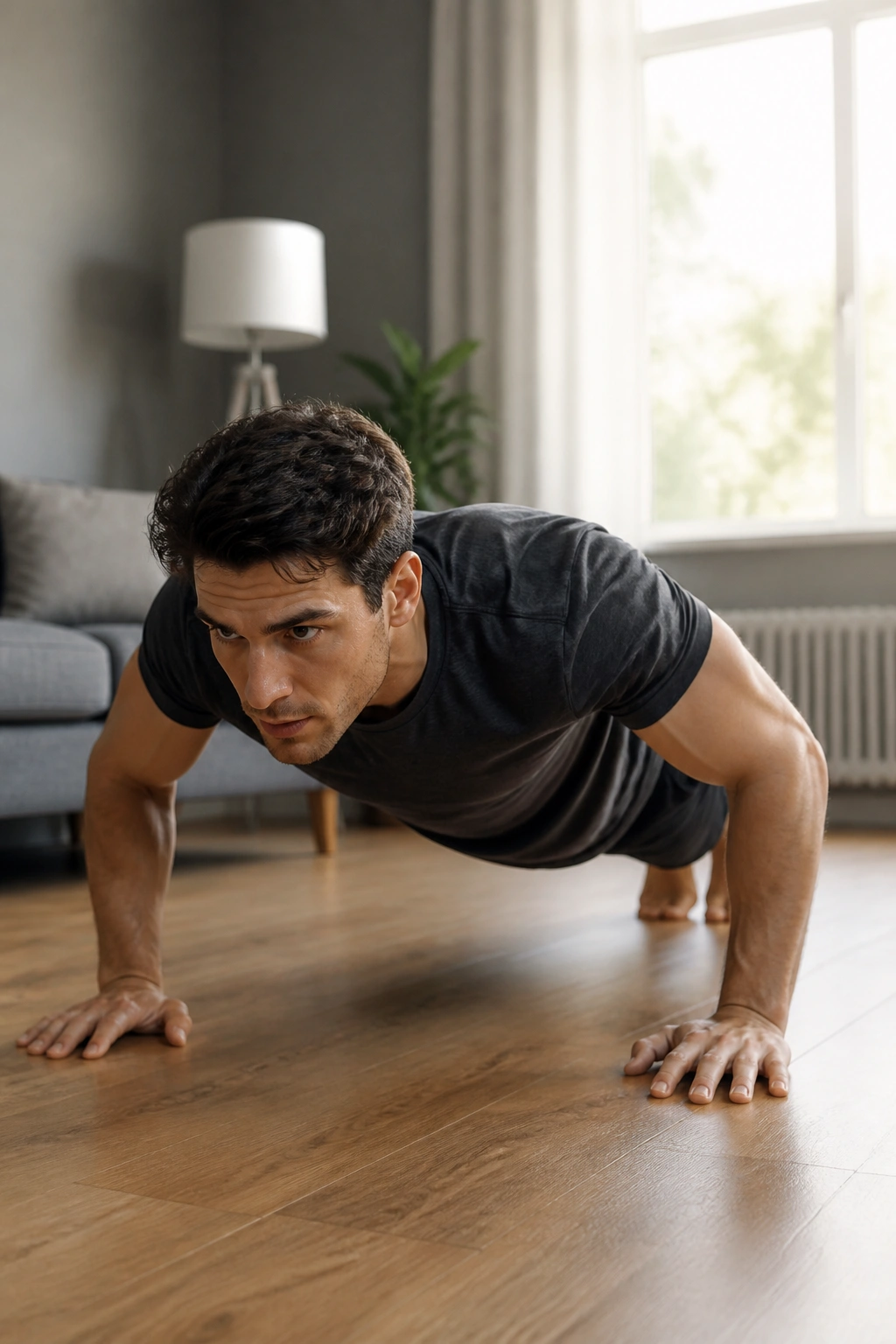 Person doing push-up in a home living room with no equipment