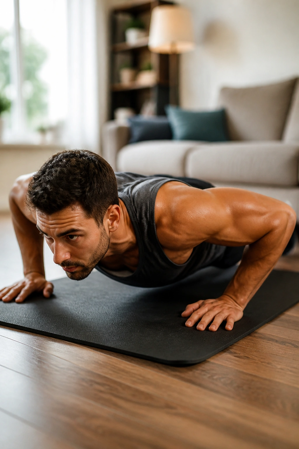 Real person performing a push-up on a mat in a living room