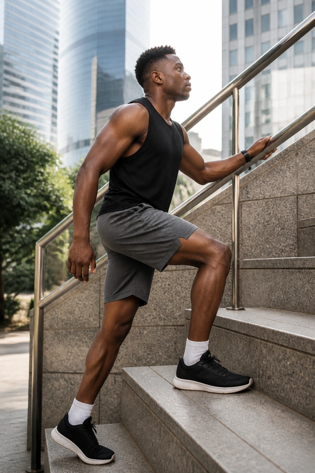 Person performing stair workout with no equipment in a stairwell.
