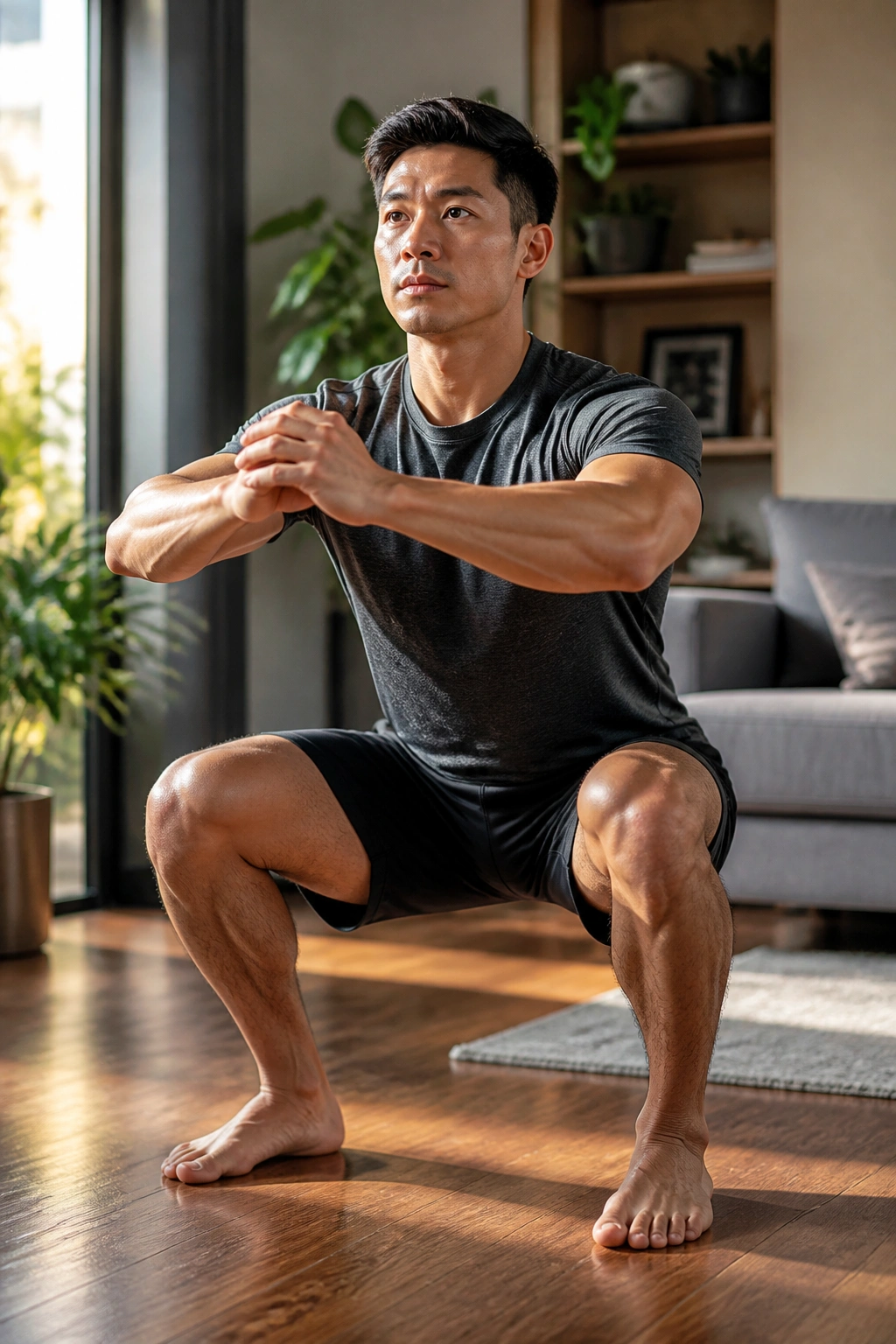 No-Equipment Home Plan: person performing bodyweight squat in a small no-equipment home workout living room