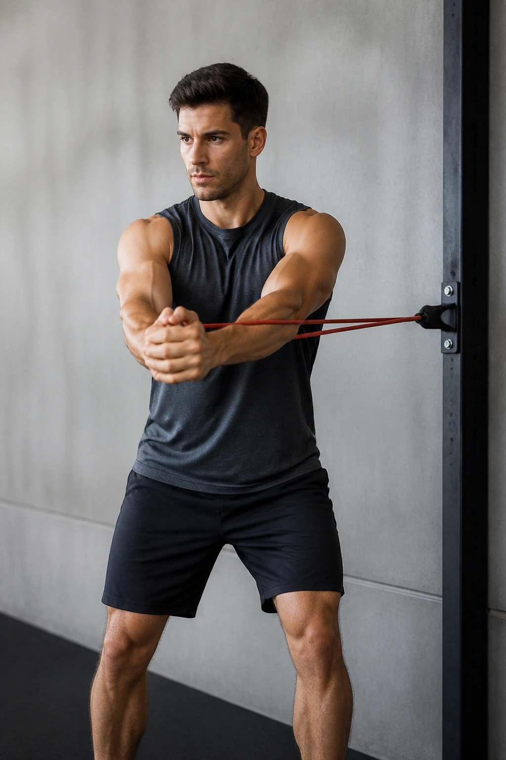 Portrait of a person performing Pallof press as part of a no-floor core circuit
