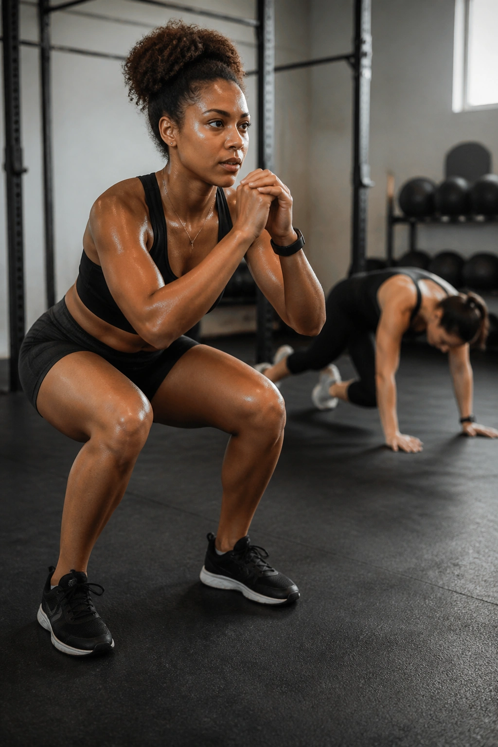 Real person performing fast no-jump squats in a gym