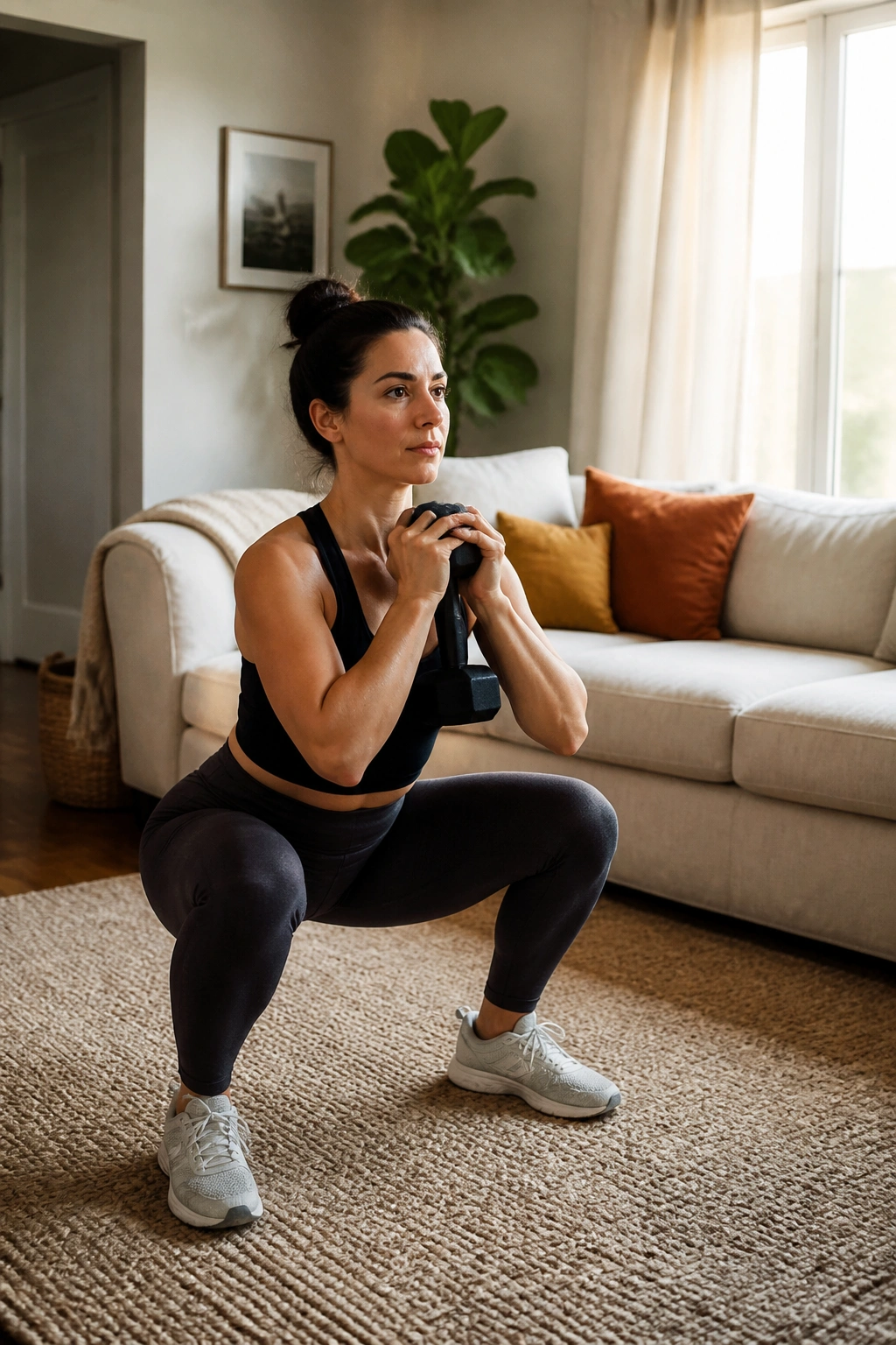 Real woman performing a no-mirror strength circuit in a private living room