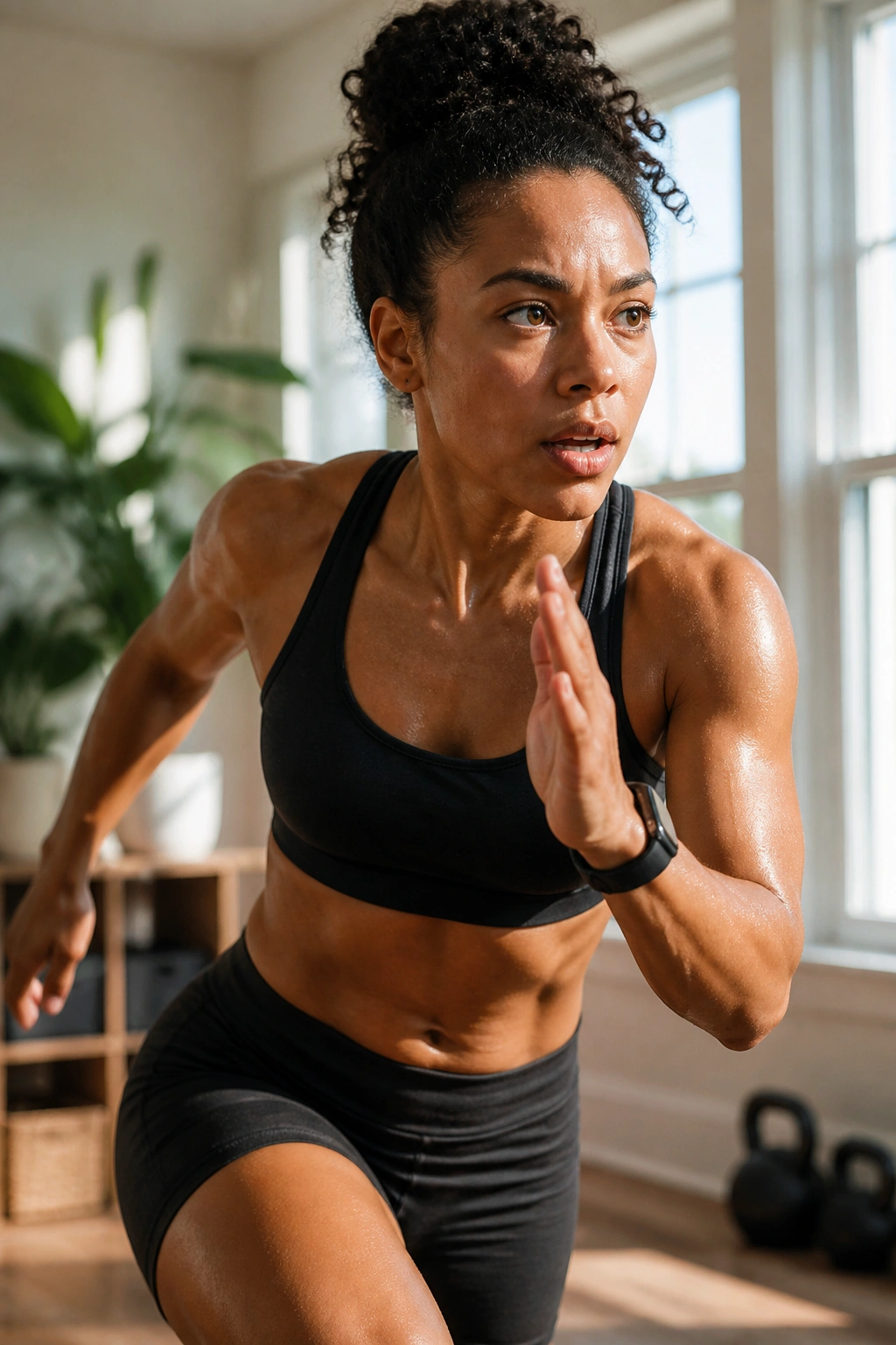 Medium close-up of a real athlete mid-action during a no-repeat HIIT circuit in a sunlit home gym.