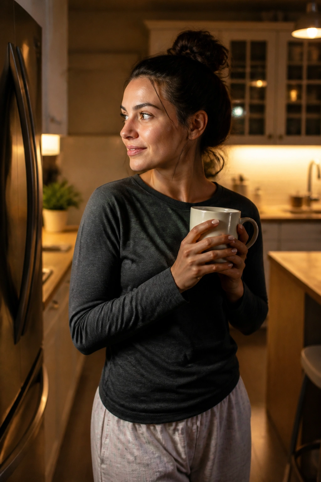 Person choosing tea after dinner, avoiding snacks in a cozy kitchen
