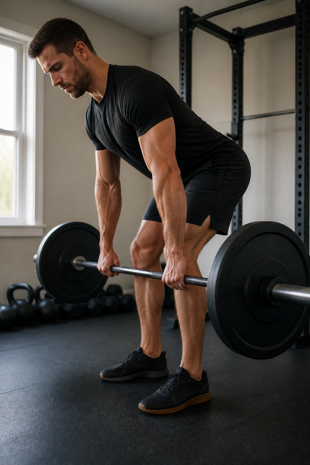 Real person performing Romanian Deadlift in a home gym