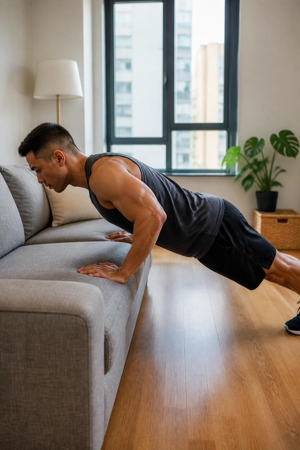 Person doing incline push-ups on a couch in a small apartment