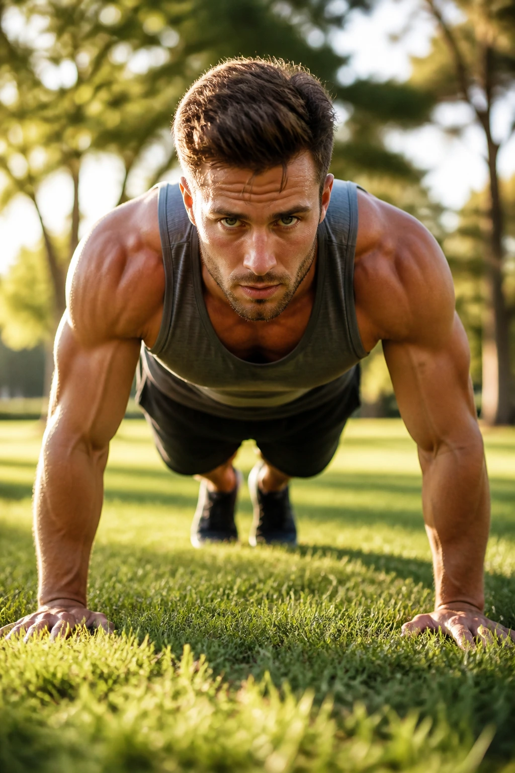 Athlete performing a push-up outdoors in a park, no weights total body workout.