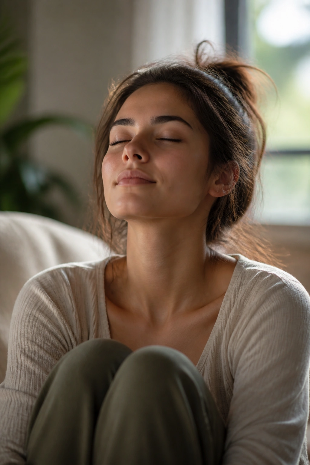 Close-up of a person seated quietly with no devices present.