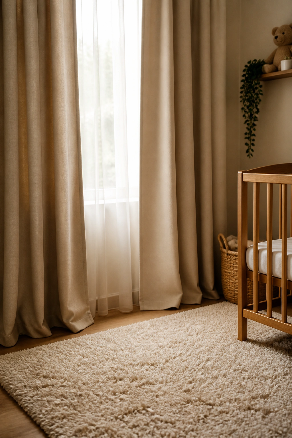 Nursery scene showing thick curtains and soft rug for noise reduction