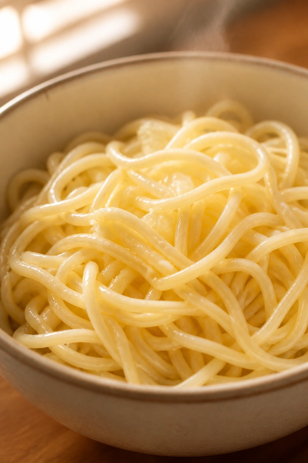 Close-up of plain buttered noodles in a small bowl.