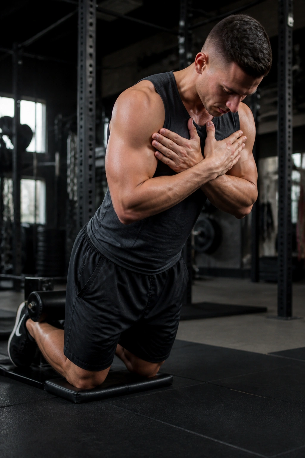 Kneeling Nordic curl athlete lowering torso with hamstrings engaged.
