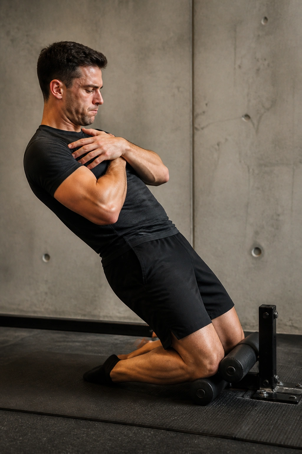 Lifter performing Nordic curl on mat in gym