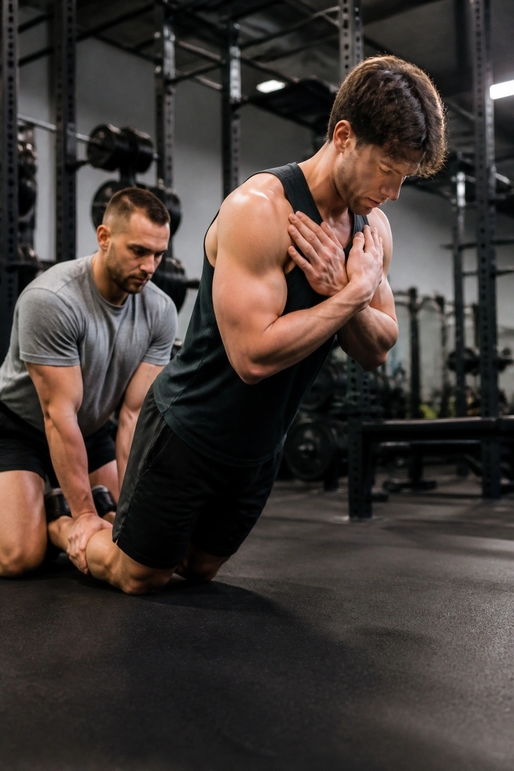 Athlete performing Nordic hamstring curl with partner stabilizing ankles