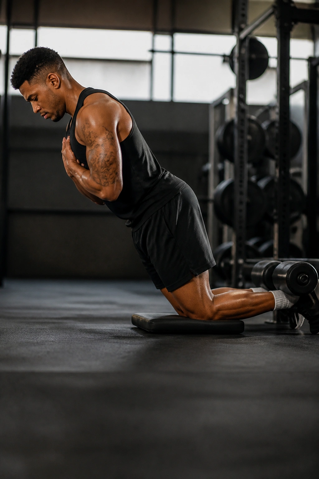 Side view of a person performing Nordic hamstring curls kneeling on a pad
