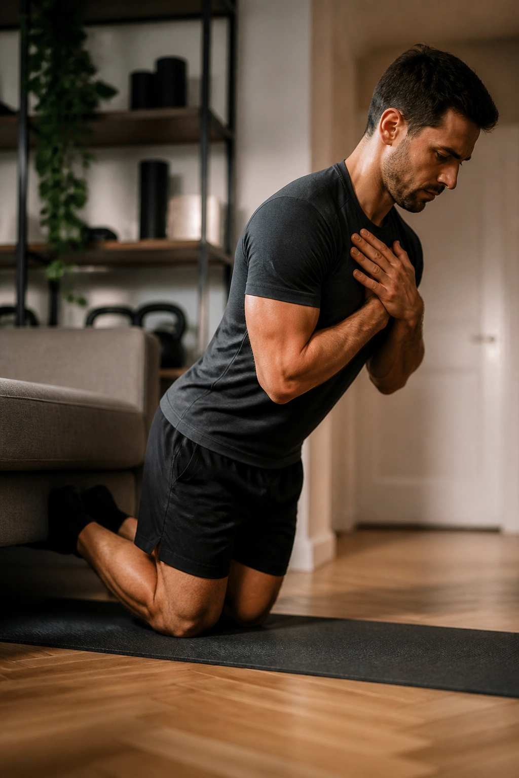 Medium close-up of a person performing a Nordic hamstring eccentric lowering